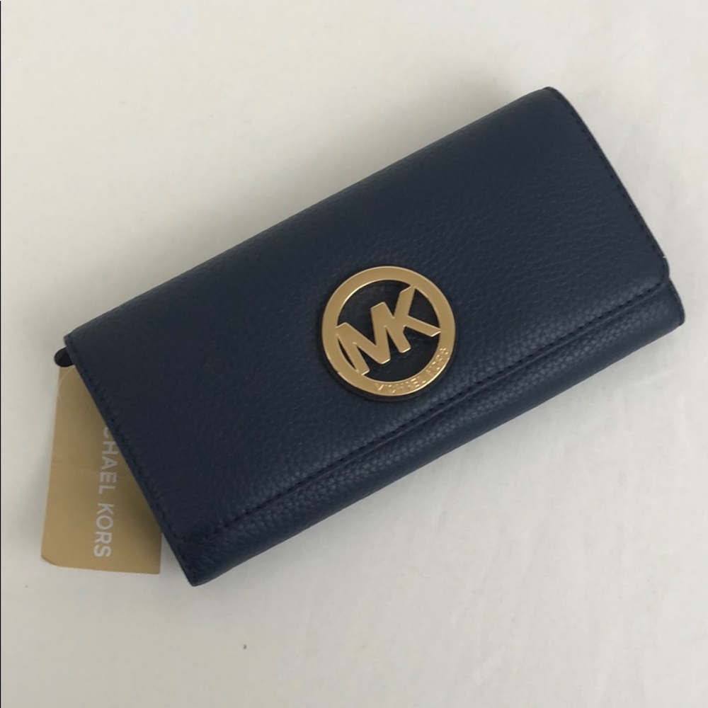 Michael Kors Fulton Flap Wallet Navy Leather New